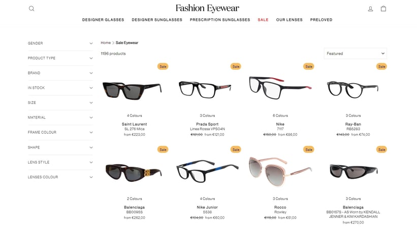 page catalogue de lunettes avec filtres à facette