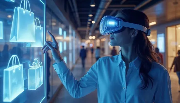 Customer interacting with virtual storefront through VR technology for innovative retail shopping.