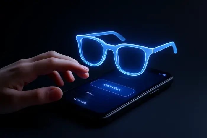 Hand reaching toward holographic eyeglasses hovering above a smartphone.