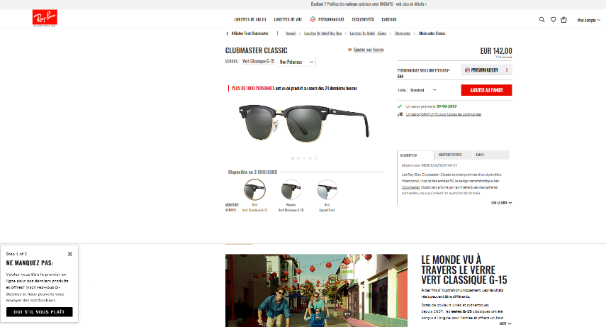 Présentation de produit sur le site RayBan